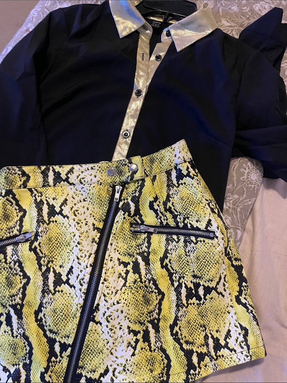 Forever 21 snake skin skirt & black collared blouse with metallic yellow trim